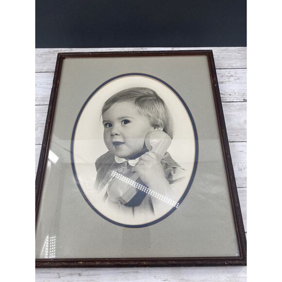 Antique Baby Telephone Photo | 1920s Black White Framed Photography Nursery Art - Picture 3 of 12